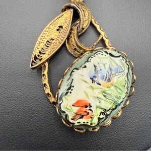 Vintage 1970s Hand-painted Porcelain Bird and Floral Pendant Necklace Signed BH
